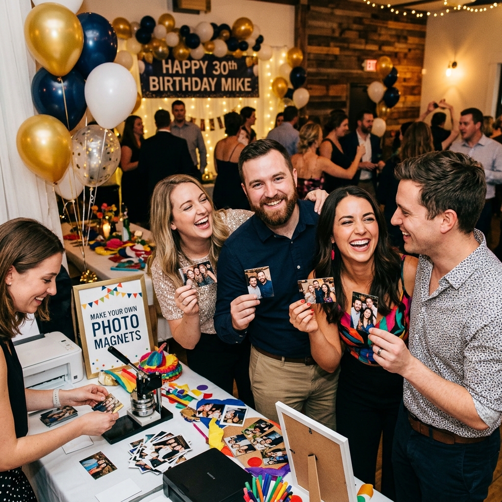 People at an event making photo magnets