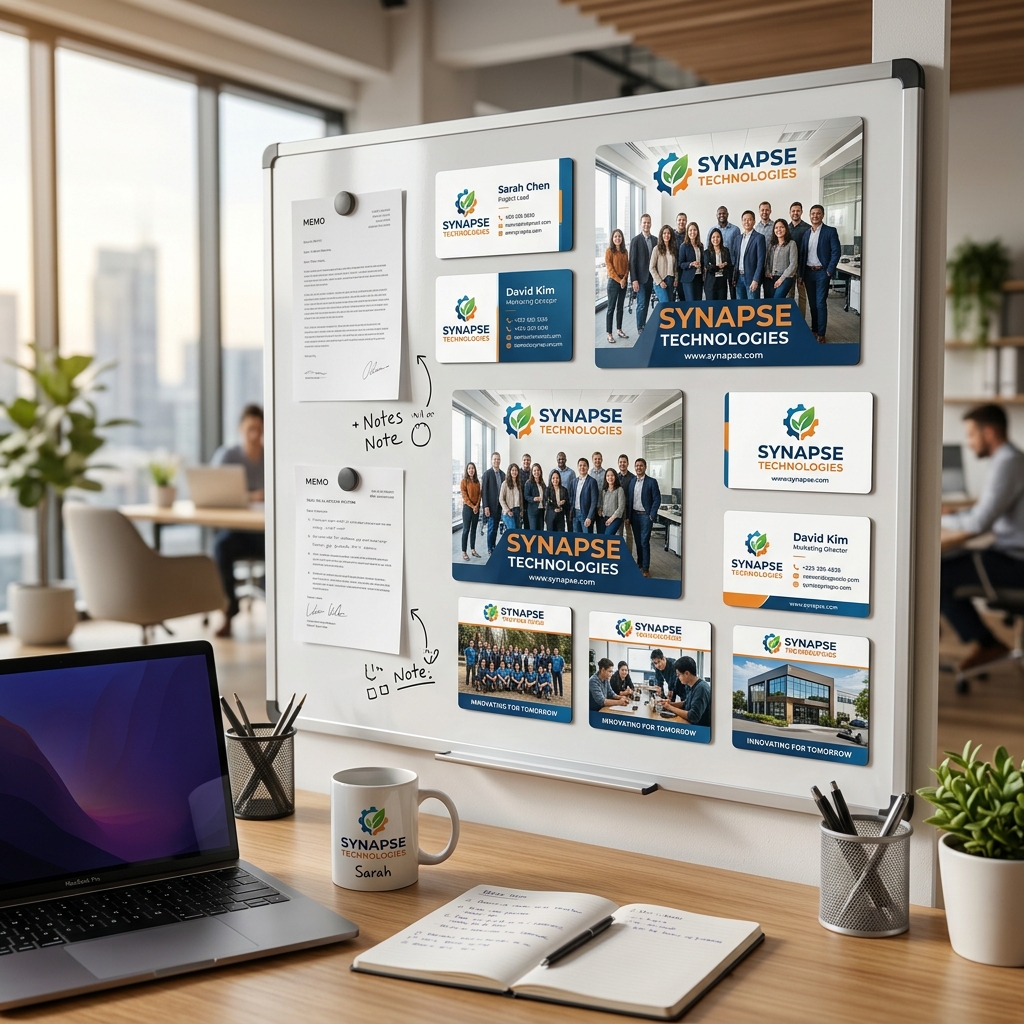 Business branded magnets on whiteboard