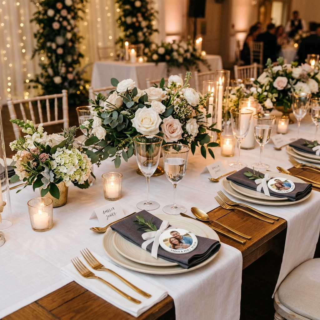 Wedding table with photo magnet favors