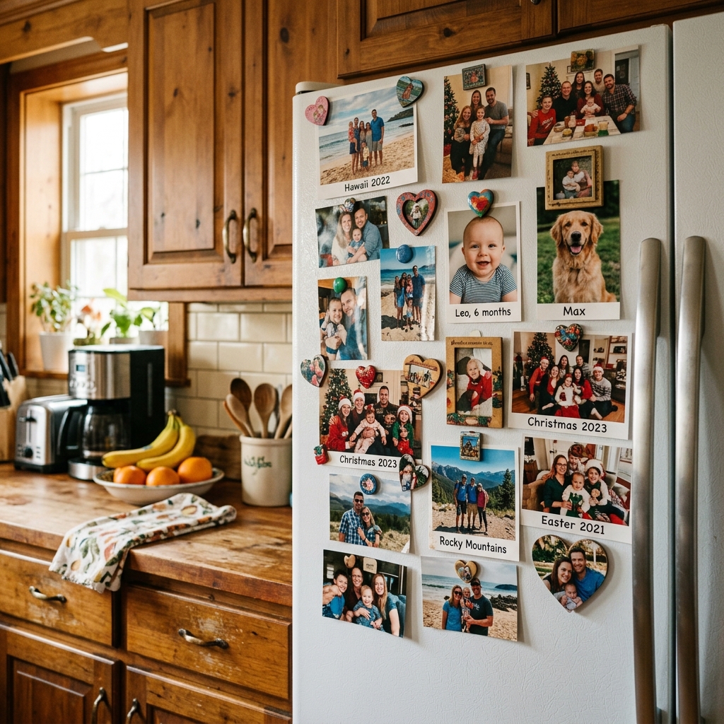 Fridge covered with family photo magnets
