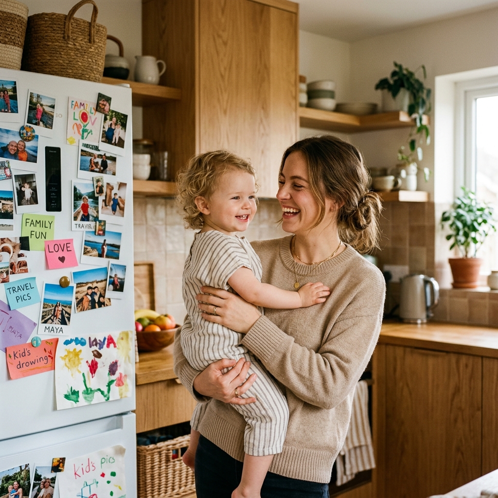 Mother and child with photo magnets on fridge